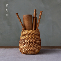 Old autumn rattan rattan woven tea tube tea set basket box Old rattan pen holder Vietnamese Rattan six gentlemen storage tube rattan box