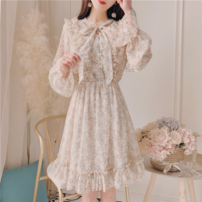 Váy cô gái nơ xòe hoa retro nhỏ voan tươi mùa xuân và mùa hè phụ nữ bằng gỗ - Váy eo cao váy xòe xếp ly eo	