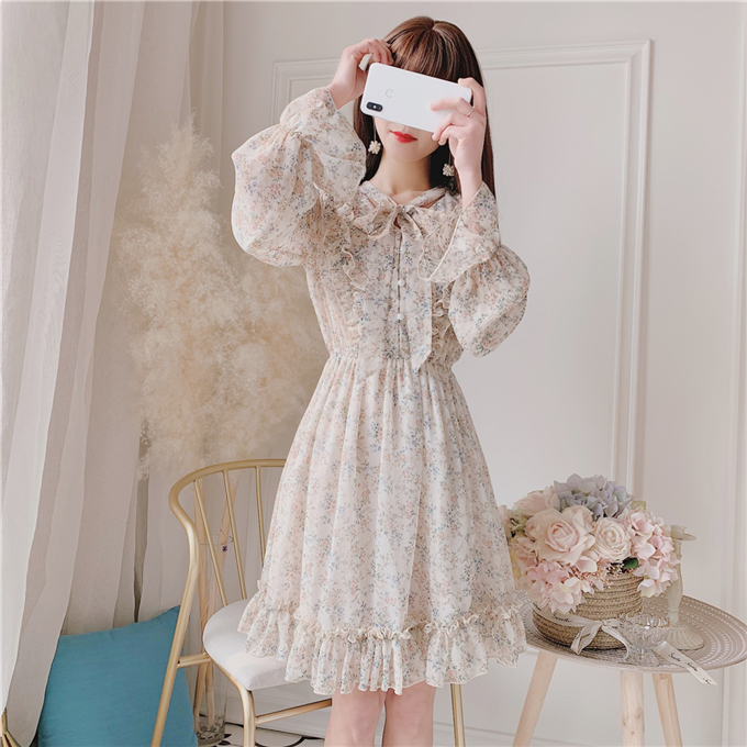 Váy cô gái nơ xòe hoa retro nhỏ voan tươi mùa xuân và mùa hè phụ nữ bằng gỗ - Váy eo cao váy xòe xếp ly eo	