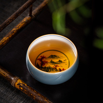 Kiln Jingdezhen tea set owner tea cup color glaze interior painting landscape blue and white glaze red hand-painted ceramics