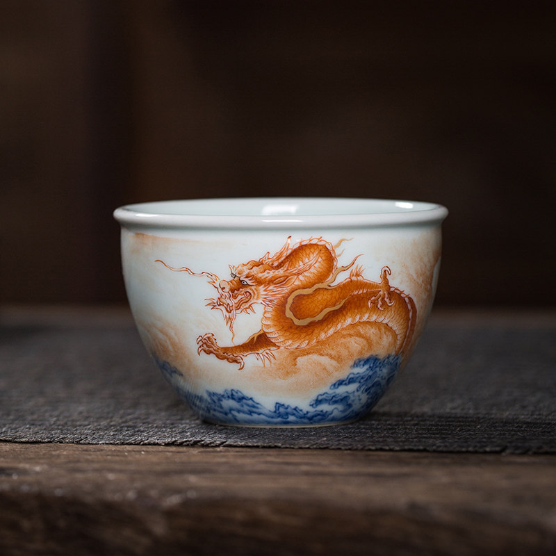 Xiaoyao Jingdezhen tea set hand-painted tea cup alum red glaze blue and white fighting color dragon pattern cylinder cup kung fu master cup tea cup