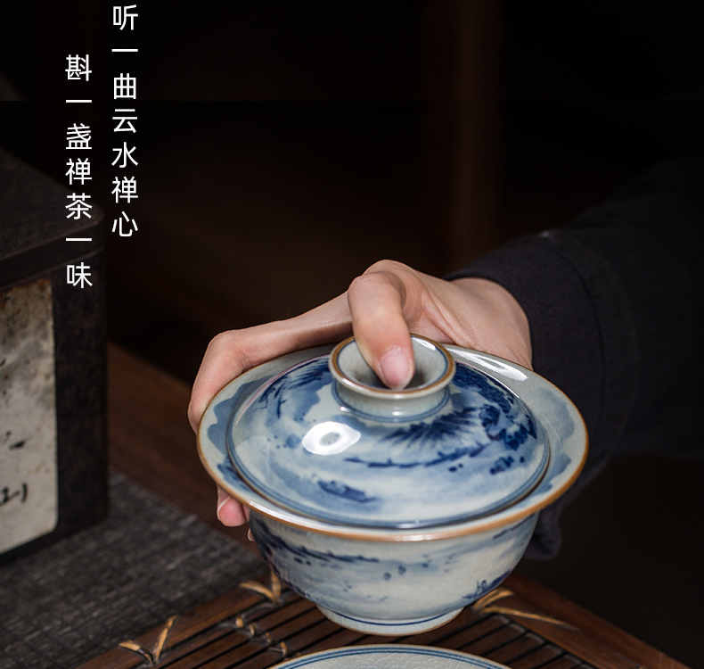 Old owl up clay five blue and white tureen tea service manual hand - made surface landscape maintain large kongfu tea bowl