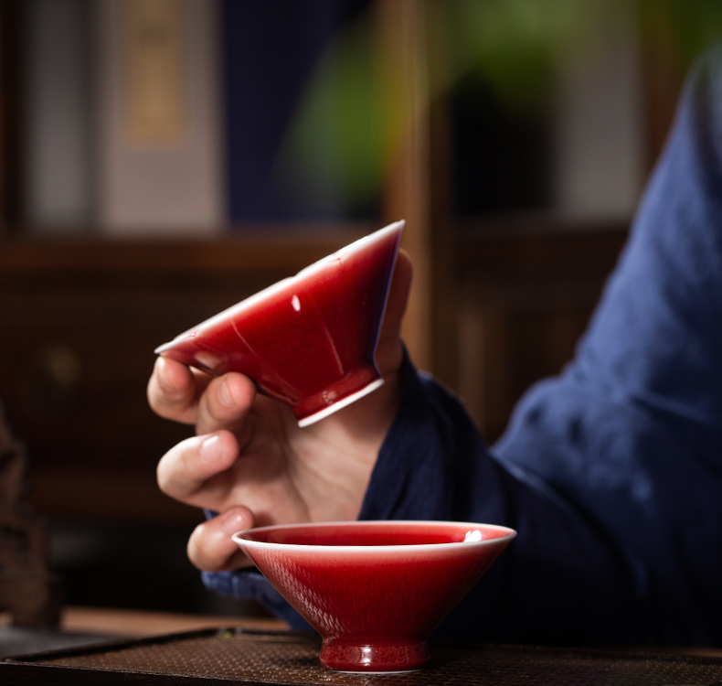 The Owl up jingdezhen tea set manually undressed ore ruby red glaze tea masters cup snow top of ox hair grain, kung fu tea cups