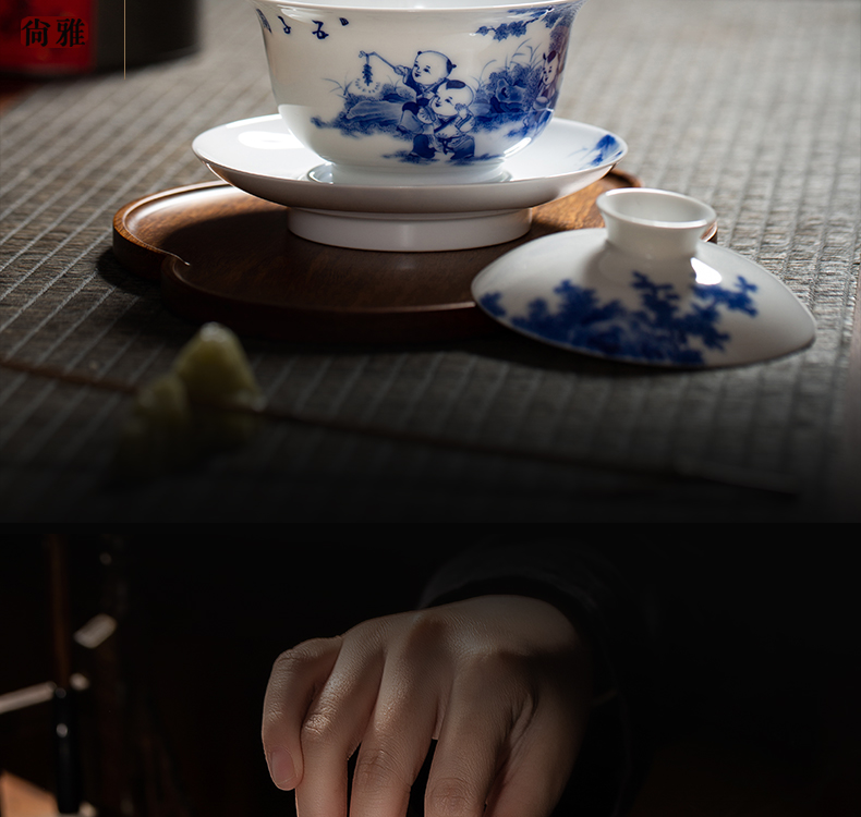 The Owl ring up with jingdezhen blue and white jade mud hand - made tea set the lad spring tea tureen bowl from the three cups