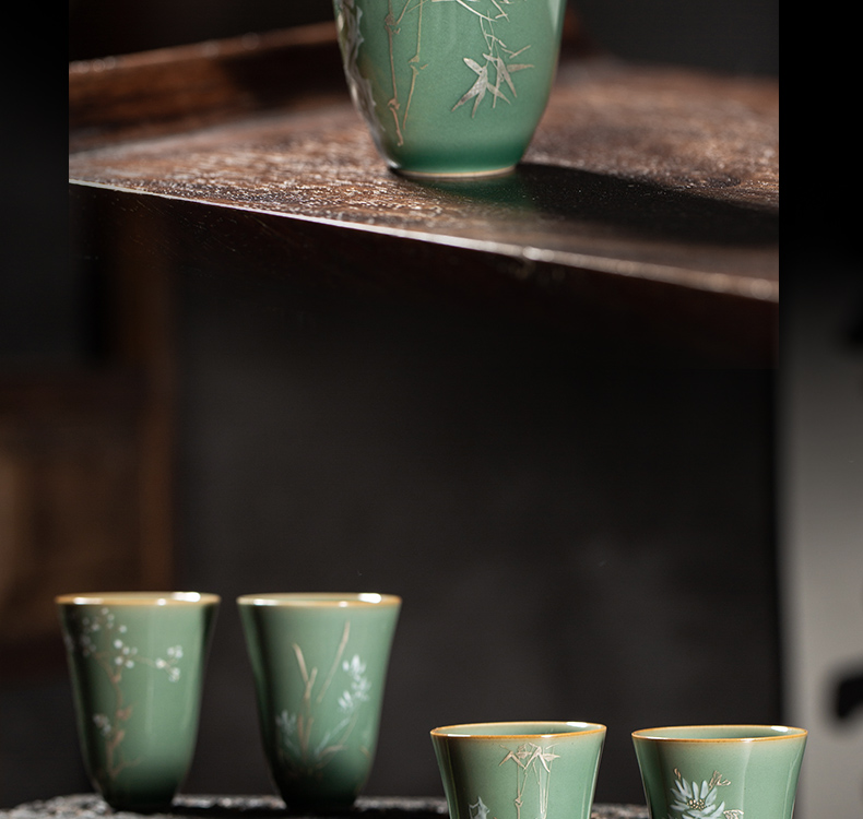 Owl up jingdezhen hand - made silver tea name plum green glaze kung fu tea cups individual cup four cups of high - grade suits for