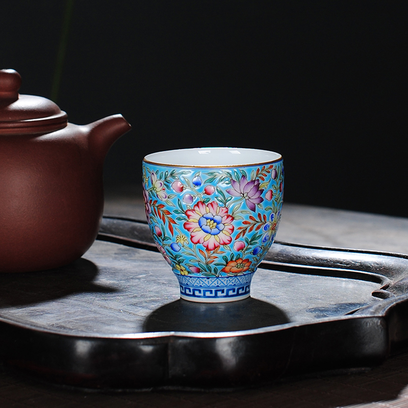 The Owl up jingdezhen tea colored enamel malachite green flower master CPU kunfu tea sample tea cup hand - made ceramic cup