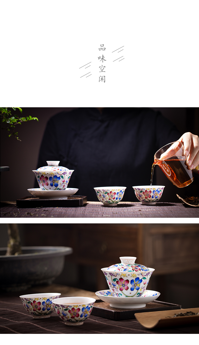 Jingdezhen ceramic checking tea tureen large cups colored enamel double pattern hand - made tea tea bowl