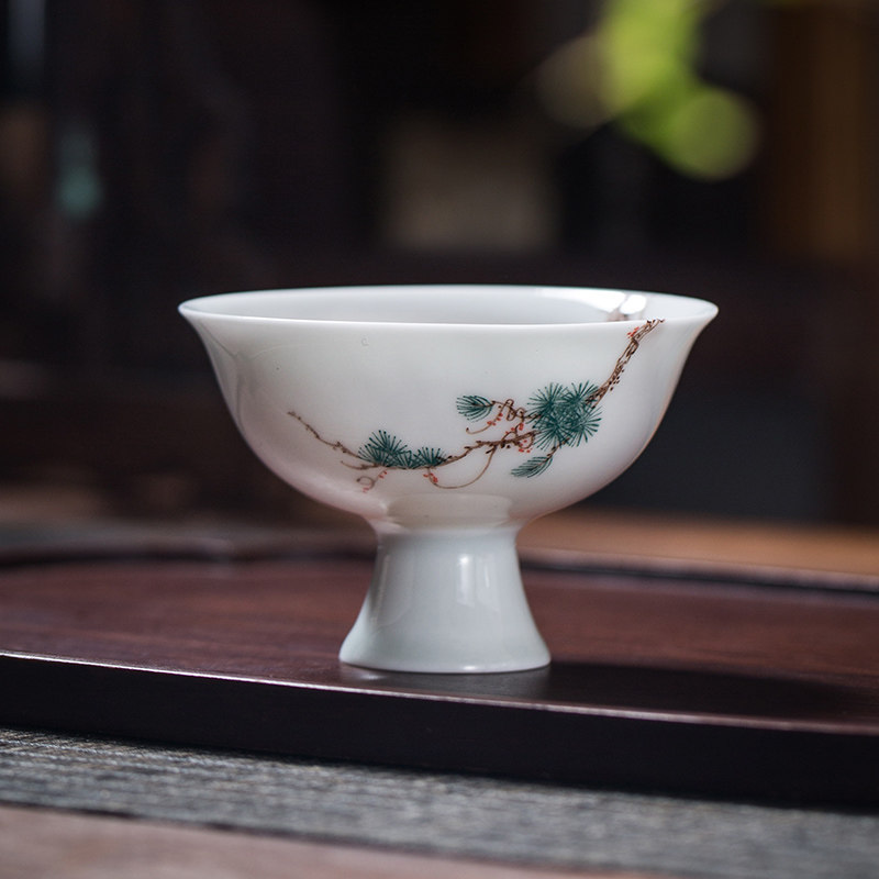 Lord kilns Jingdezhen Artisanal Ceramics High Foot Smells of Fragrant Tea Cup Handpainted Glaze in Painted Green Pine Over Wall Painting Tea Cup