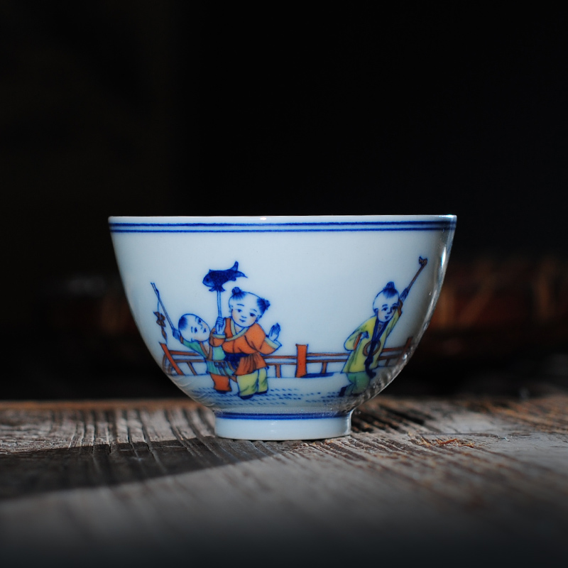 The Owl up doucai bucket color boy make spring cup of jingdezhen hand - made kung fu tea cup single CPU master sample tea cup