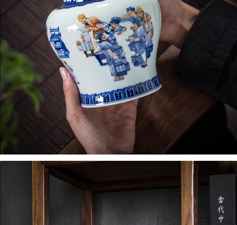 General owl up jingdezhen blue and white color bucket high - grade tea pot archaize furnishing articles all checking ceramic large - sized caddy fixings