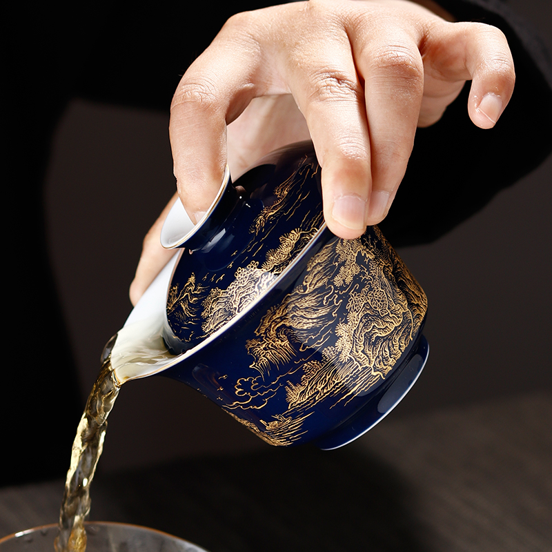 Tureen three cups to bowl bowl of jingdezhen ceramic ji blue kung fu tea set manual paint landscape tea bowl
