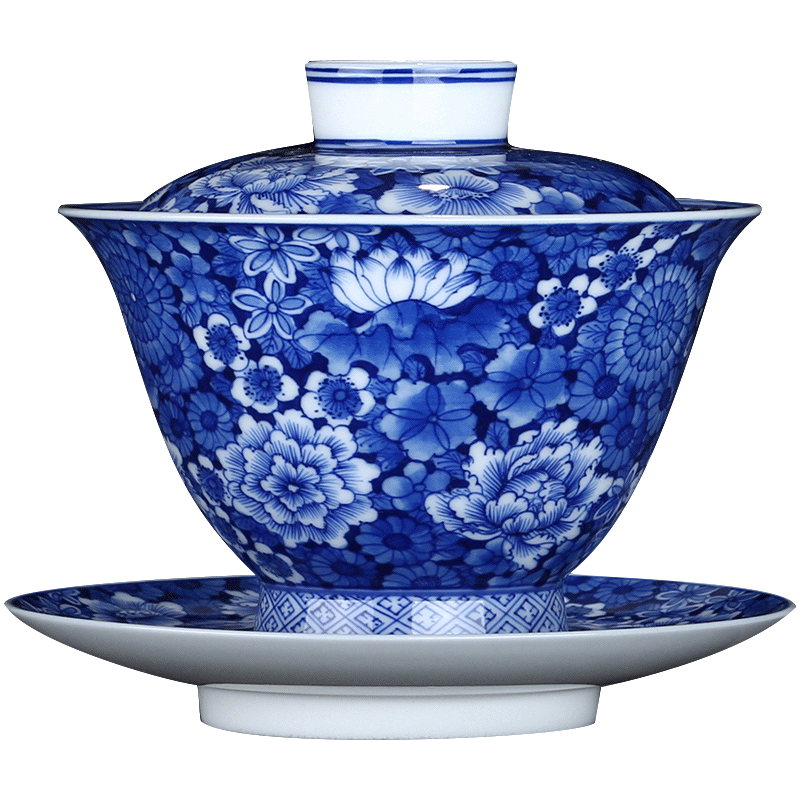 Jingdezhen blue and white tureen hand - made ceramic flower is not open checking ceramic bowl of tea cup bowl bowl three