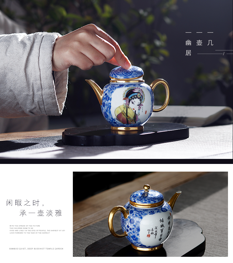 Jingdezhen ceramic hand - drawn characters under glaze blue and white enamel teapot all hand the "single pot teapot kung fu