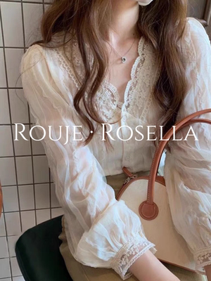 French Rouje Rosella gentle and chic ⭐ French lace patchwork cutout V-neck shirt feminine top