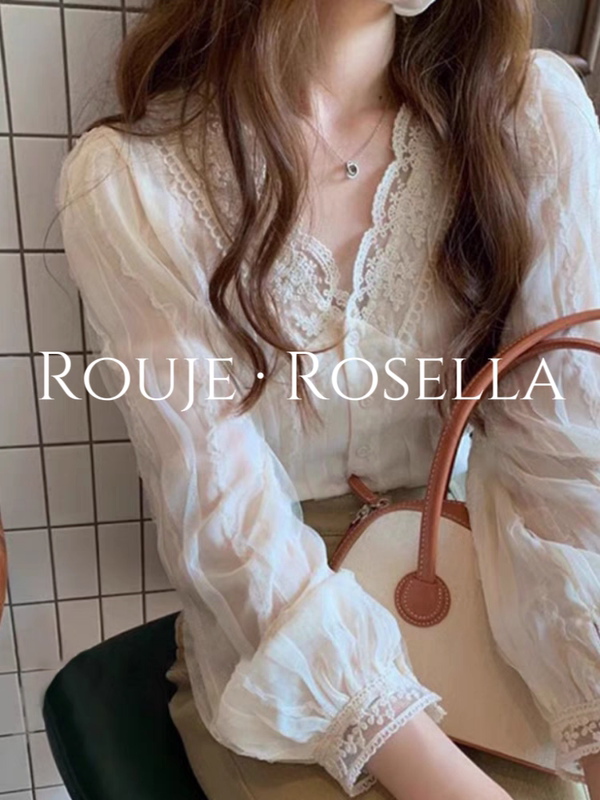 French Rouje Rosella Is Gentle and Chic ⭐ French Lace Splicing Cut Out V-Neck Shirt, Feminine Top French Rouje Rosella Is Gentle and Chic ⭐ French Lace Splicing Cut Out V-Neck Shirt, Feminine Top