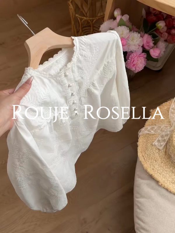 French Rouje Rosella ⭐ Heavy Embroidery Lace Collar Long-Sleeved Shirt for Women, Loose and Versatile Pullover Top