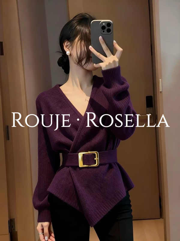 French Rouje Rosella Is Elegant and Intellectual ⭐ Light Luxury Knitted Sweater for Women, Autumn Waist-Cinching Top with Irregular Hem