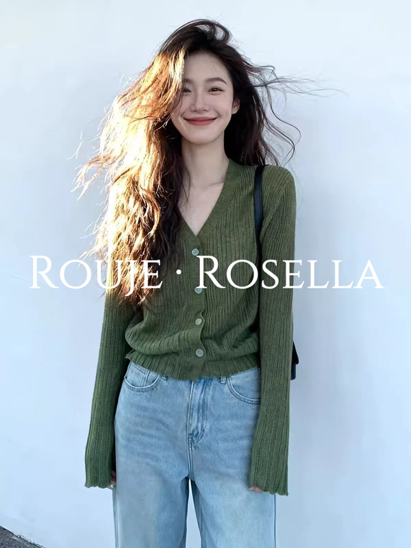 French Rouje Rosella Has a Forest-Like Atmosphere ⭐ Green V Neck Knitted Cardigan for Women, Autumn Loose Slimming Top