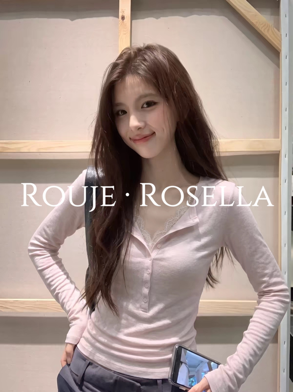 French Rouje Rosella Sweet Goddess Style ⭐ Pink Henry Collar Lace Patchwork Women's Autumn Slimming Top French Rouje Rosella Sweet Goddess Style ⭐ Pink Henry Collar Lace Patchwork Women's Autumn Slimming Top