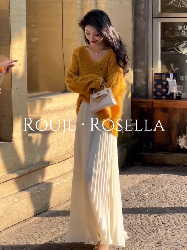 French Rouje Rosella ⭐ Lazy Style Knitted Sweater for Women, Autumn and Winter Atmosphere, Matching with Skirt, Long Skirt