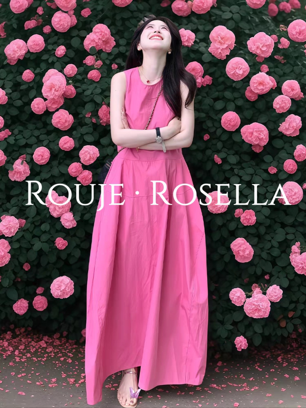 French Rouje Rosella French Rose Pink Sleeveless Vest Dress for Women Summer Loose Slimming Long Skirt