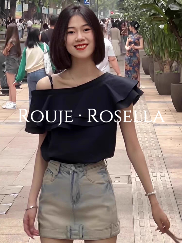 French Rouje Rosella ⭐ Black Ruffled One-Shoulder Short-Sleeved Chiffon Shirt for Women, Summer High-End Top