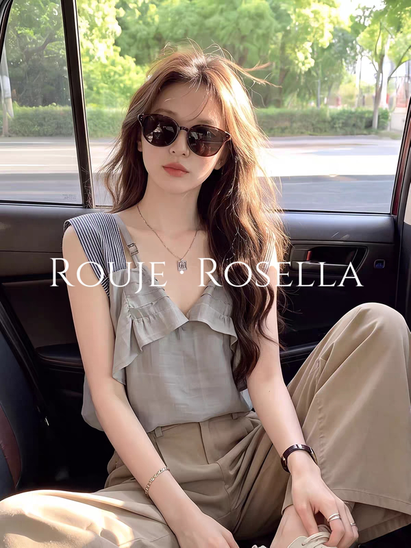 France Rouje Rosella ⭐ V-Neck Design with a Sense of Style, Patchwork Sleeveless Vest Shirt for Women, High-Class Intellectual Style Top.