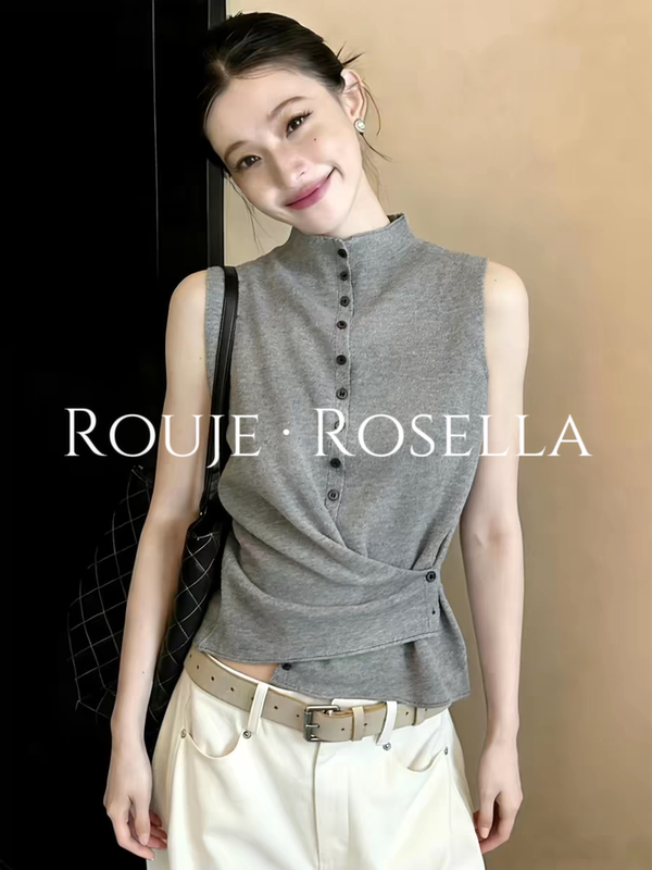 French Rouje Rosella ⭐ French-Style Collarless Sleeveless Vest for Women, High-End Outerwear Waistcoat Top