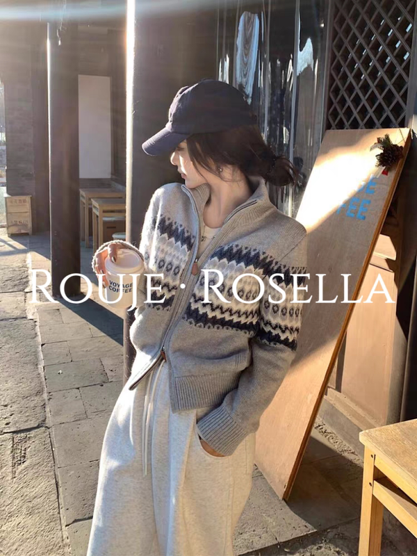 French Rouje Rosella ⭐ Gray Fair Isle Zipper Stand Collar Sweater Jacket Women's Loose Knitted Cardigan