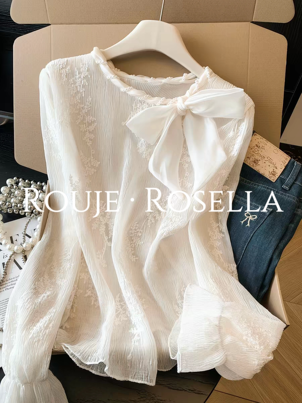 French Rouje Rosella ⭐ Elegant Bow Tie Embroidered Jacquard Lace Shirt for Women Spring Top