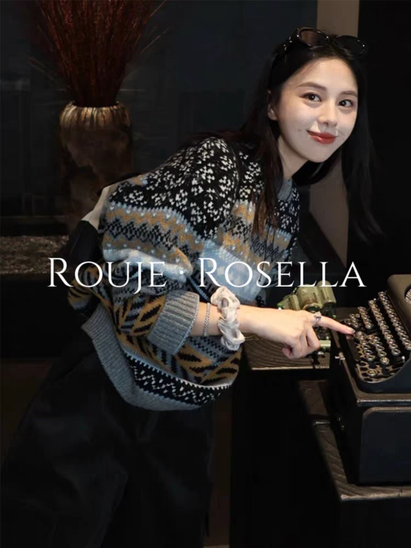 French Rouje Rosella French Retro Fair Isle Jacquard Round Neck Knitwear for Women with Patterned Long-Sleeved Knitwear