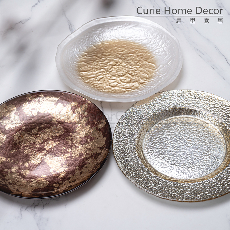 Electroplated Glass Gold Foil Western-Style Plate Decorative Snack Plate Breakfast Plate High-End Creative Unique Golden Light Luxury Plate