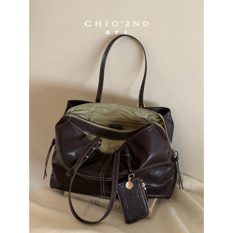 Nanfeng Chio2Nd Coffee-Colored Avocado Sandwich Bag Retro Soft Leather Relaxed Shoulder Bag for Women Commuting