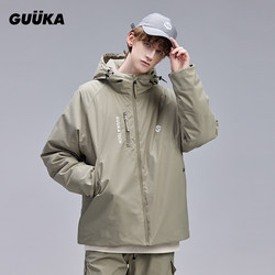 GUUKA ເສື້ອຢືດຝ້າຍແບບ retro ສີຂຽວ olive trendy hooded ສໍາລັບຜູ້ຊາຍ, ເສື້ອຄຸມຝ້າຍກັນນ້ໍາແບບພູເຂົາກາງແຈ້ງ, ເປືອກຫຸ້ມນອກວ່າງ