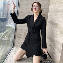 2020 autumn and winter ins Net red with waist waist slim machine small black skirt long sleeve A character irregular suit dress