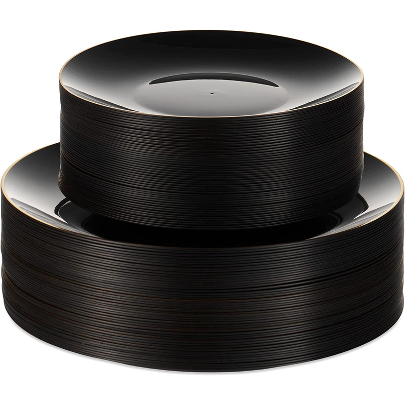 Pack of 25 Disposable Black Gold-Rimmed Plates, Pure White Plastic Plates, Hard Gold-Rimmed Western-Style Plates, Steak Plates Pack of 25 Disposable Black Gold-Rimmed Plates, Pure White Plastic Plates, Hard Gold-Rimmed Western-Style Plates, Steak Plates