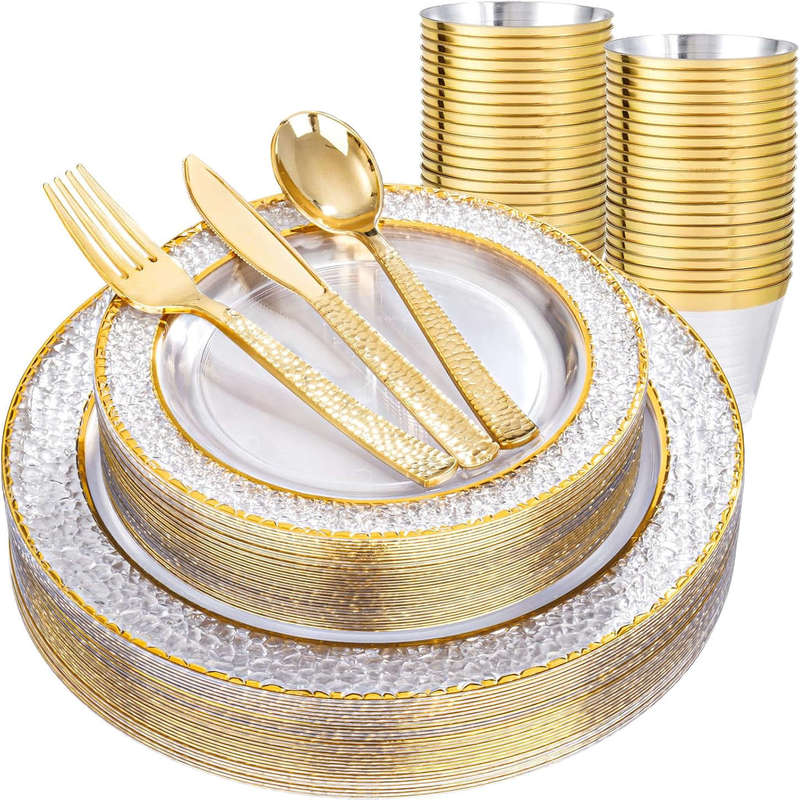 25-Piece Set of 7.5-Inch, 10.25inch Ps Hard Plastic Satin-Textured Transparent Gold-Edged Plates, Gold Cutlery, Spoons, Cups, and Paper Set 25-Piece Set of 7.5-Inch, 10.25inch Ps Hard Plastic Satin-Textured Transparent Gold-Edged Plates, Gold Cutlery, Spoons, Cups, and Paper Set