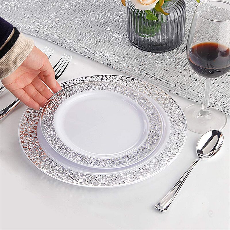 25-Pack Disposable Silver-Edged Plates, Hard Plastic Gold-Colored Western Steak Plates, Silver Hollow-Out Dinner Plates, Picnic Plates