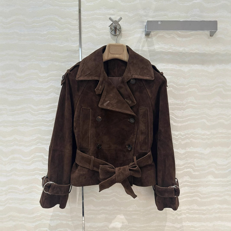 Genuine Leather Jacket with a Large Lapel in the Old Money Style, Made of Sheepskin Suede, Double-Breasted with a Belt to Cinch the Waist, and Raglan Sleeves