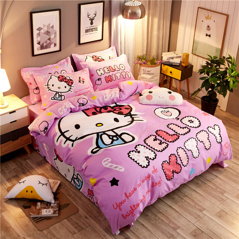 Phim hoạt hình Hello Kitty cạo bốn mảnh công chúa gió của trẻ em Bộ đồ giường ba mảnh cho bé gái kt Khăn trải giường mùa đông mẫu chăn ga gối đệm cưới