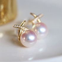 Temperament OL Diamond Cross Type 18K gold earrings imported from Japan imported Aurora Akoya natural seawater pearl earrings