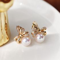Dance of Ribbon Japanese Aurora Akoya natural sea water pearl diamond three-dimensional ribbon ribbon bow stud earrings