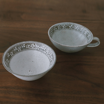 Glutinous rice porcelain) Japanese coarse pottery carved rice bowl soup cup quaint temperament