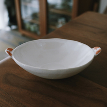 Glutinous rice porcelain) Japanese imported round ears oval deep plate cute ceramic dinner plate tableware