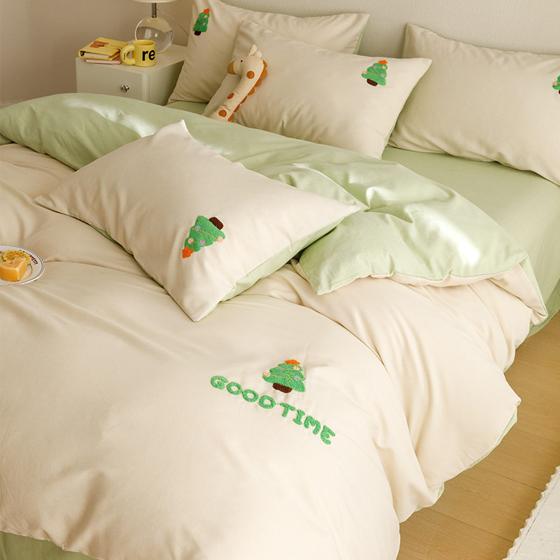 Towel embroidered mullet with four sets of full cotton pure cotton 2023 new bed linen quilt cover student Dormitory Bed Bedding-Taobao