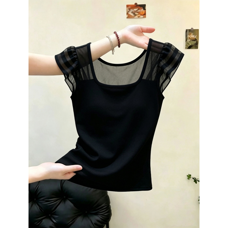 Light Mature Style Black Mesh Patchwork Flutter Sleeve T-Shirt for Women, New Summer Model, Round Neck, Slim Fit, Versatile Top, Trendy Light Mature Style Black Mesh Patchwork Flutter Sleeve T-Shirt for Women, New Summer Model, Round Neck, Slim Fit, Versatile Top, Trendy