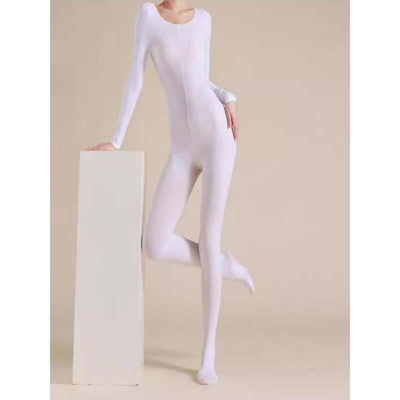 Spring and Autumn Medium-Thick White One-Piece Dance Leotard with High Elasticity and Open Crotch for Women