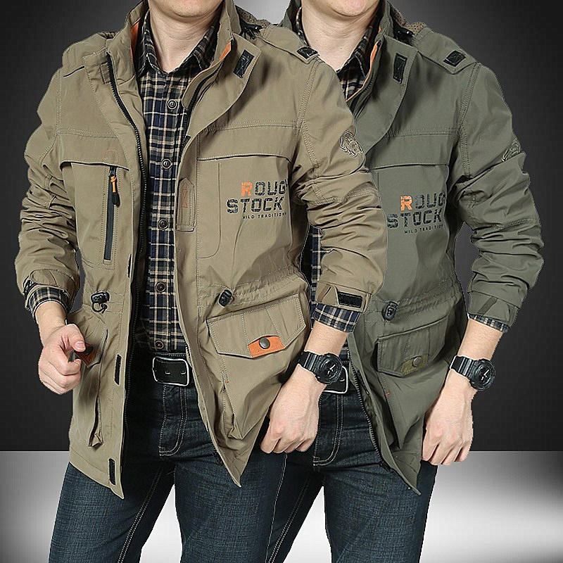 Spring and Autumn Jacket Men's Mid-Length Windbreaker Thin Workwear Outdoor Casual Windproof Large Size Loose Coat