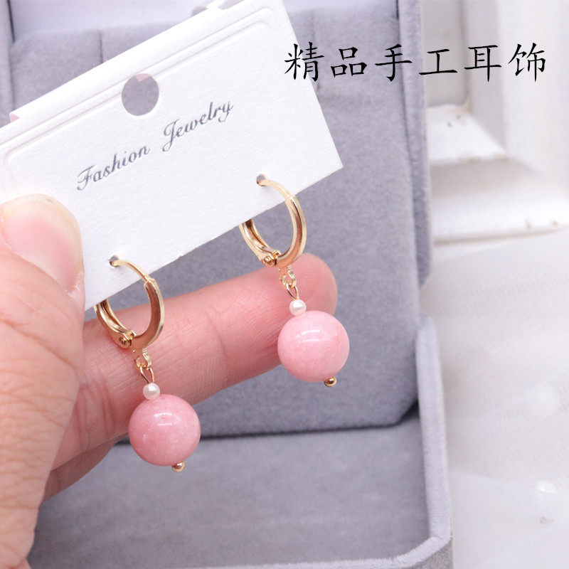 Серьги 天然粉晶耳环14k包金防丢耳扣短款甜美简约耳坠淡粉色花纹石女款