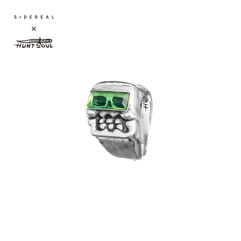 siderealmade x one-eyed dwarf joint skull glass gemstone ring 925 silver neutral silver jewelry